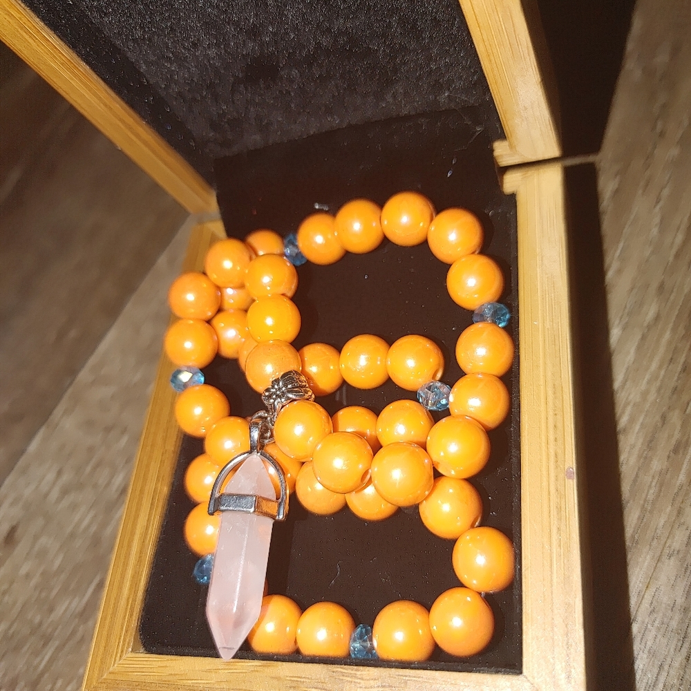 Orange Beads Crystal Charm Necklace